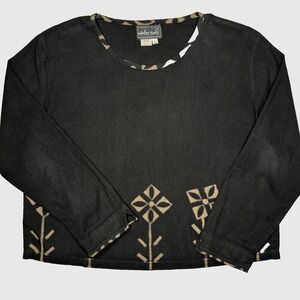 Vtg Winter Sun Shirt Womens Large Black Tan Floral Batik Long Sleeve Boho Artsy
